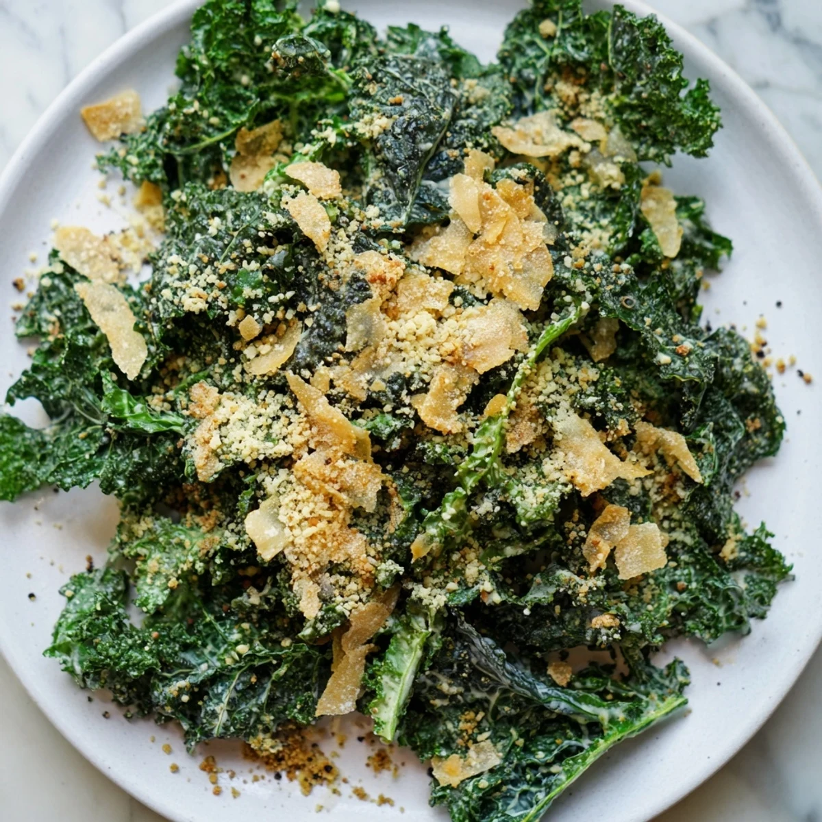 Garlic Parmesan Kale Salad served in a bowl, garnished with shaved Parmesan and fresh cracked pepper.