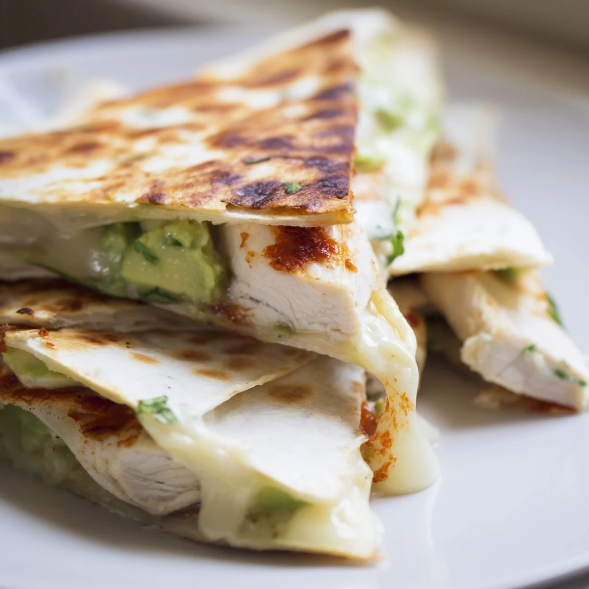 Crispy golden tortilla wedges stuffed with juicy grilled chicken, creamy avocado mash, and melted Monterey Jack cheese.