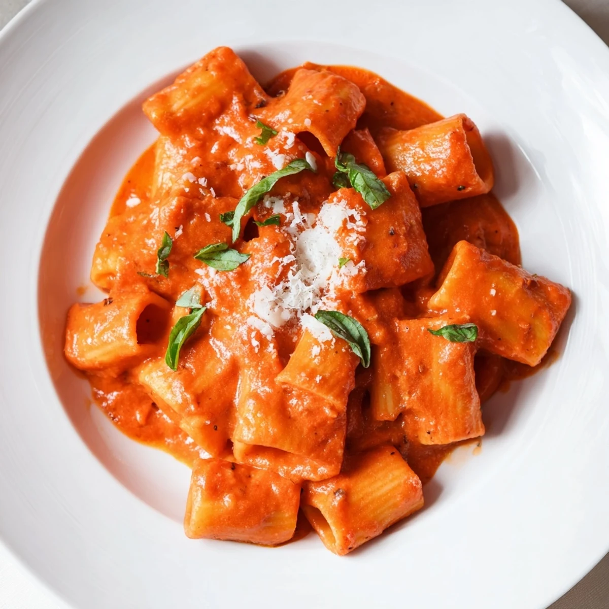 A close-up view of a steaming bowl of Spicy Rigatoni Pasta, with thick tomato cream sauce clinging to each tube, garnished with fresh basil and grated Parmesan.