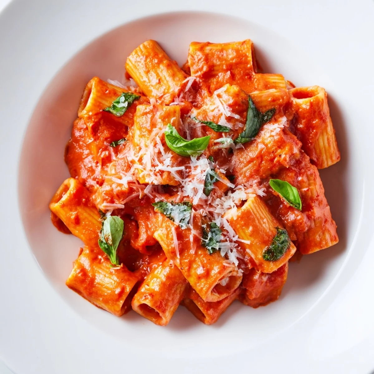 Tender rigatoni noodles tossed in a rich, creamy tomato sauce flecked with red pepper flakes, served in a rustic ceramic bowl on a wooden table.