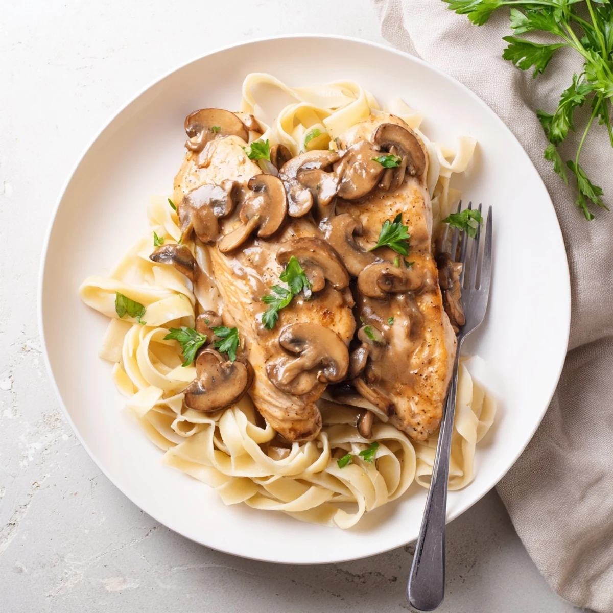 Savory Creamy Chicken Marsala with juicy chicken and a velvety mushroom Marsala sauce, paired with pasta for a comforting meal.
