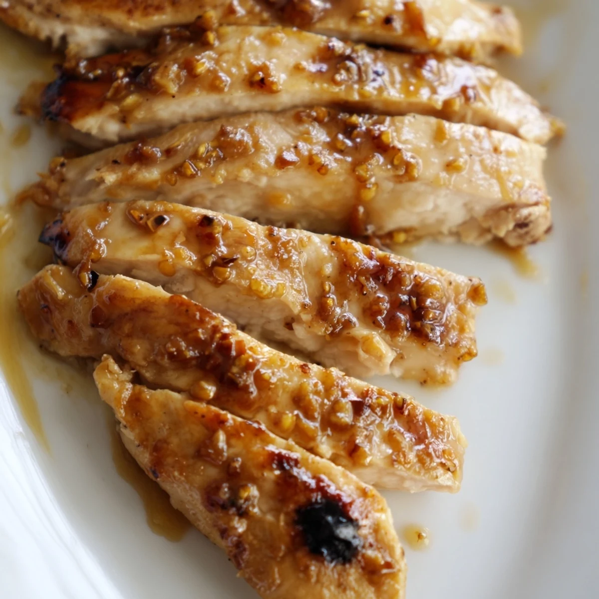 A close-up of a sliced Honey Mustard Chicken Wrap showing layers of seasoned chicken, crisp lettuce, and tangy honey-mustard dressing on a whole wheat tortilla.