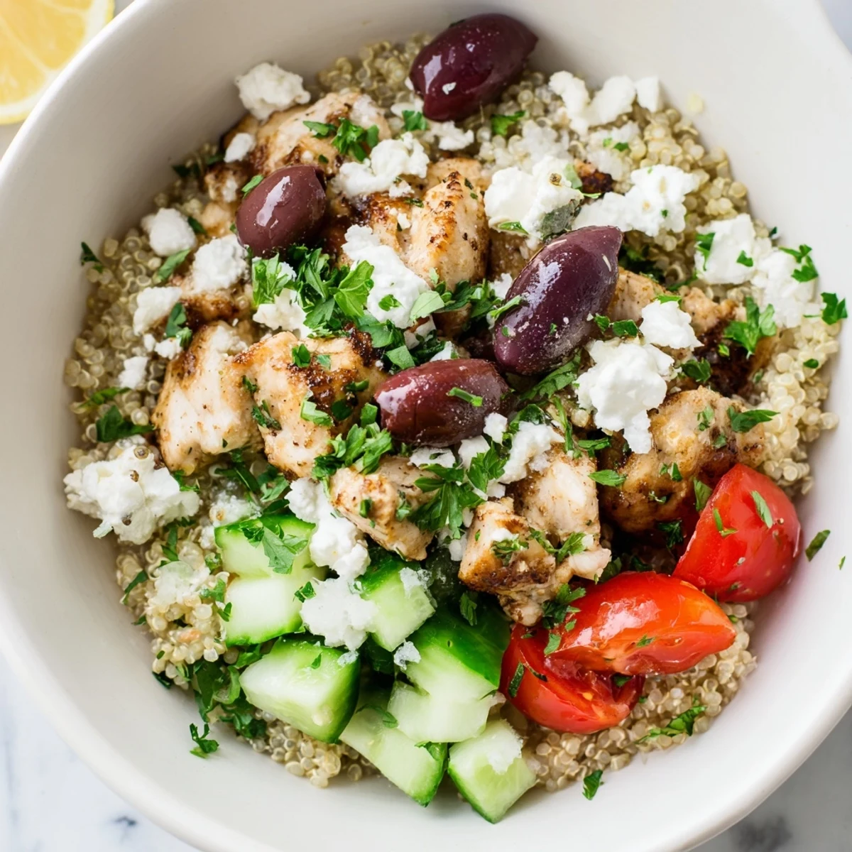 Vibrant Mediterranean Chicken Bowl with juicy grilled chicken, chickpeas, feta, and olives over fluffy quinoa, topped with fresh cucumbers, tomatoes, and zesty lemon-oregano dressing.