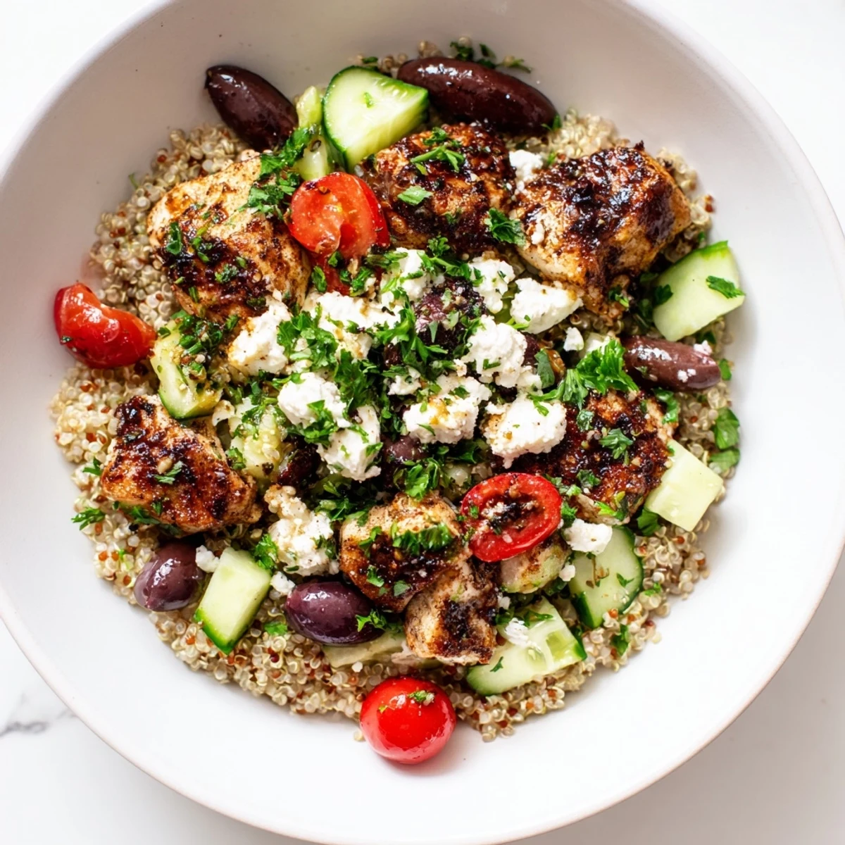 Fresh Mediterranean Chicken Bowl with marinated chicken, chickpeas, cucumbers, cherry tomatoes, red onions, and feta cheese, served over quinoa and finished with a bright lemon-oregano drizzle.