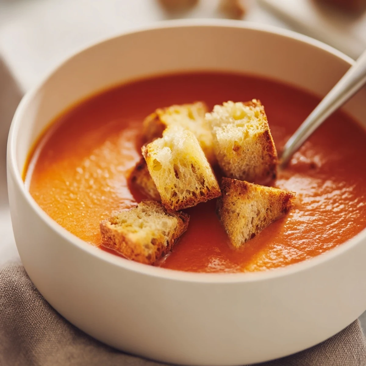 Velvety roasted tomato soup with grilled cheese croutons served steaming in a rustic ceramic bowl.