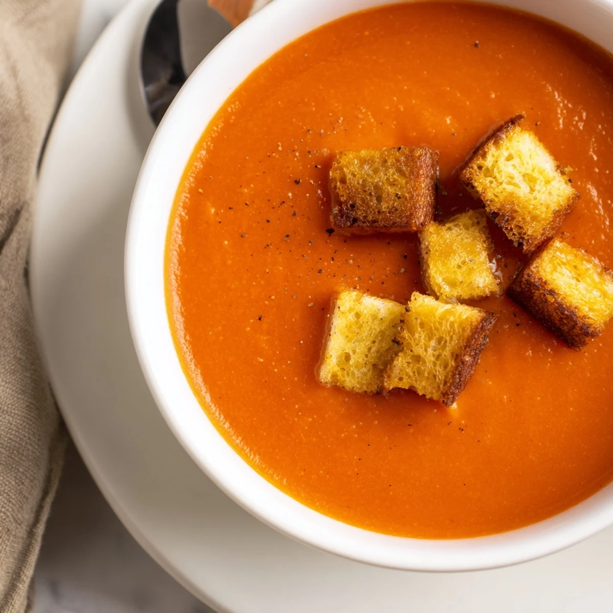 Golden grilled cheese croutons top a bowl of roasted tomato soup, garnished with fresh basil.