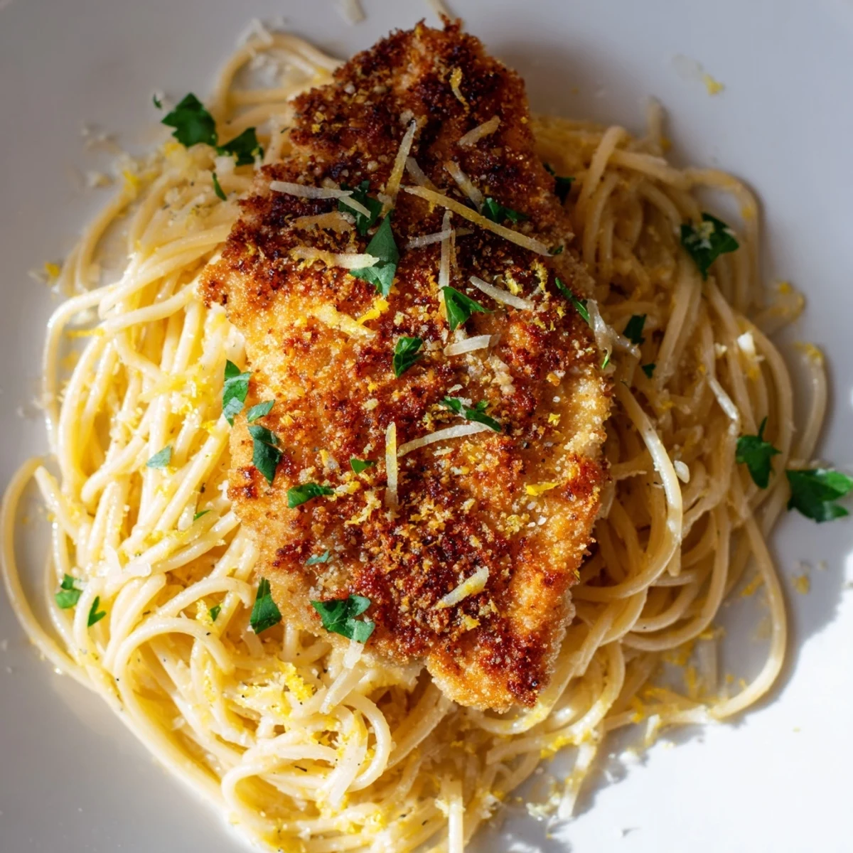 Serve Brown Butter Lemon Chicken Pasta in a white bowl with extra lemon wedges and a sprinkle of red pepper flakes for a bright finish.