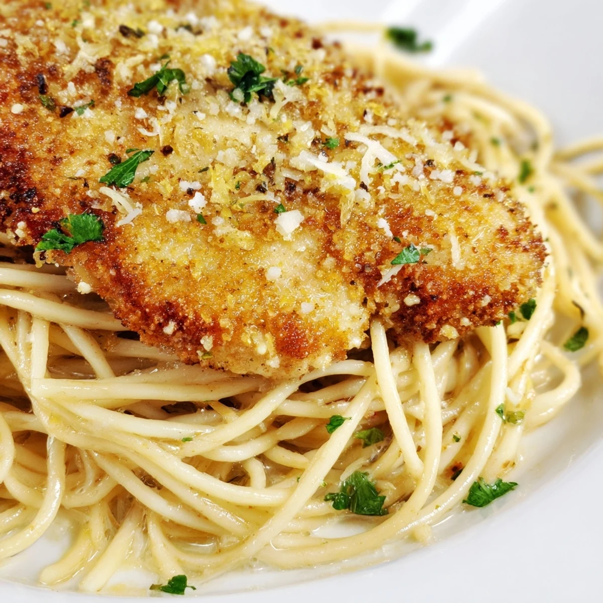 A close-up of Brown Butter Lemon Chicken Pasta highlights nutty brown butter, melted Parmesan, and vibrant parsley on spaghetti and juicy chicken strips.