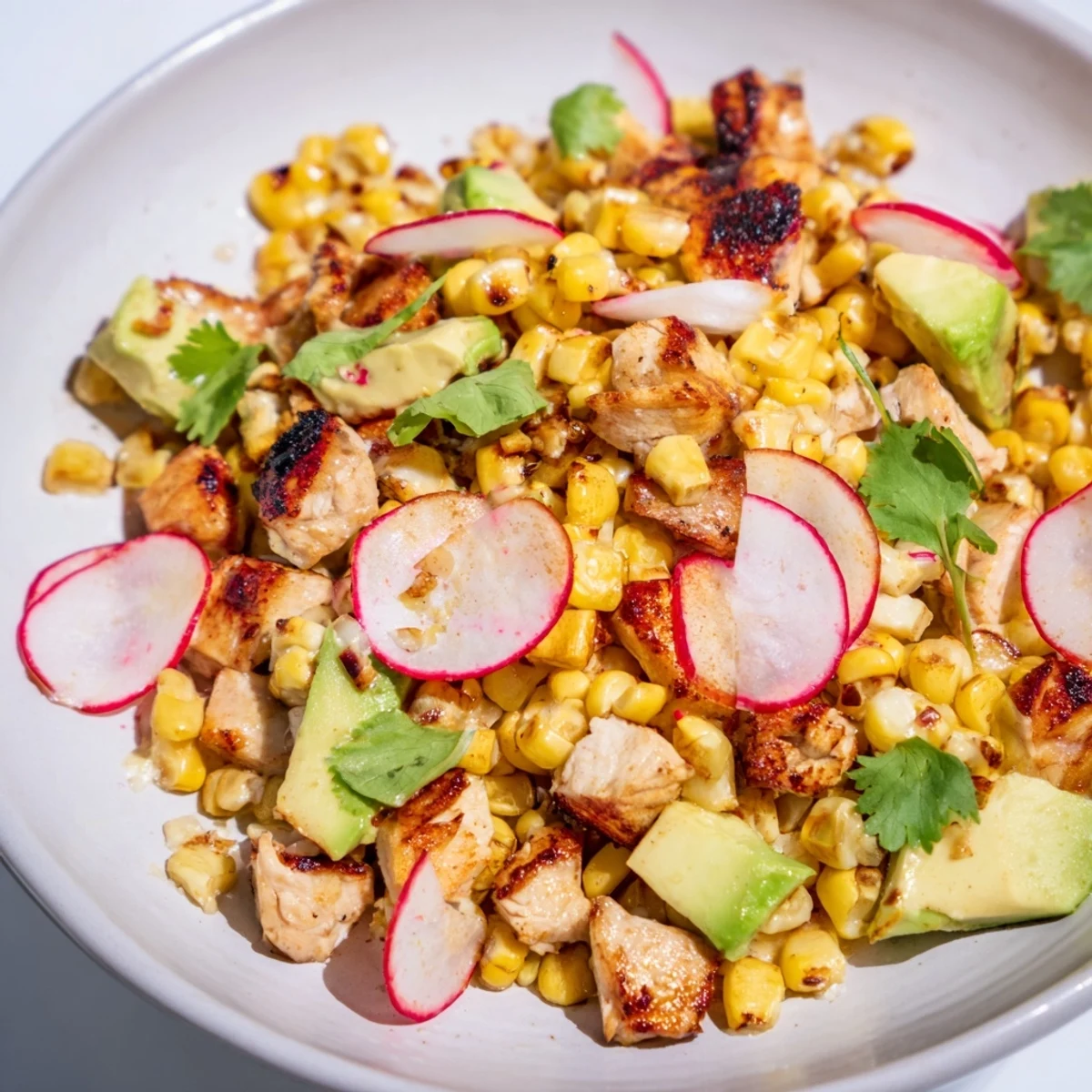 Bright bowl of Roasted Corn & Chicken Chopped Salad with grilled chicken, charred corn, avocado, and radishes topped with lime dressing.