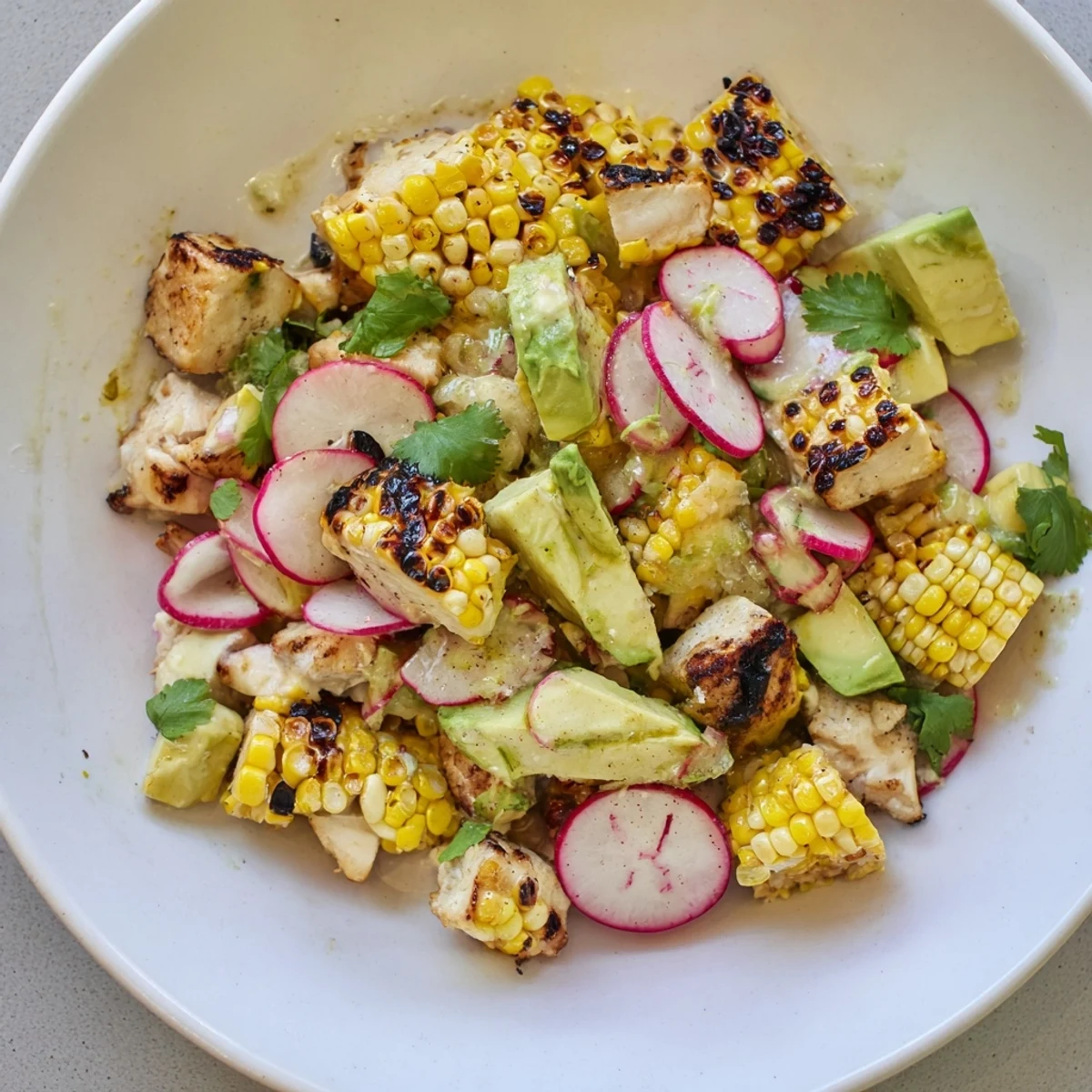 A refreshing platter of Roasted Corn & Chicken Chopped Salad featuring smoky corn, tender chicken, avocado, and a sprinkle of cilantro.
