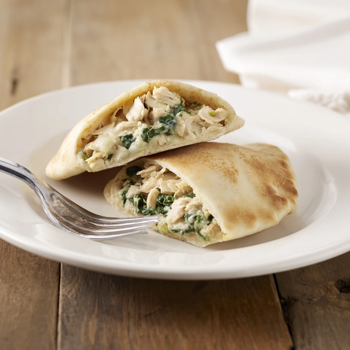 Golden-brown, warm pita pockets stuffed with creamy spinach artichoke chicken filling and melted mozzarella cheese.  