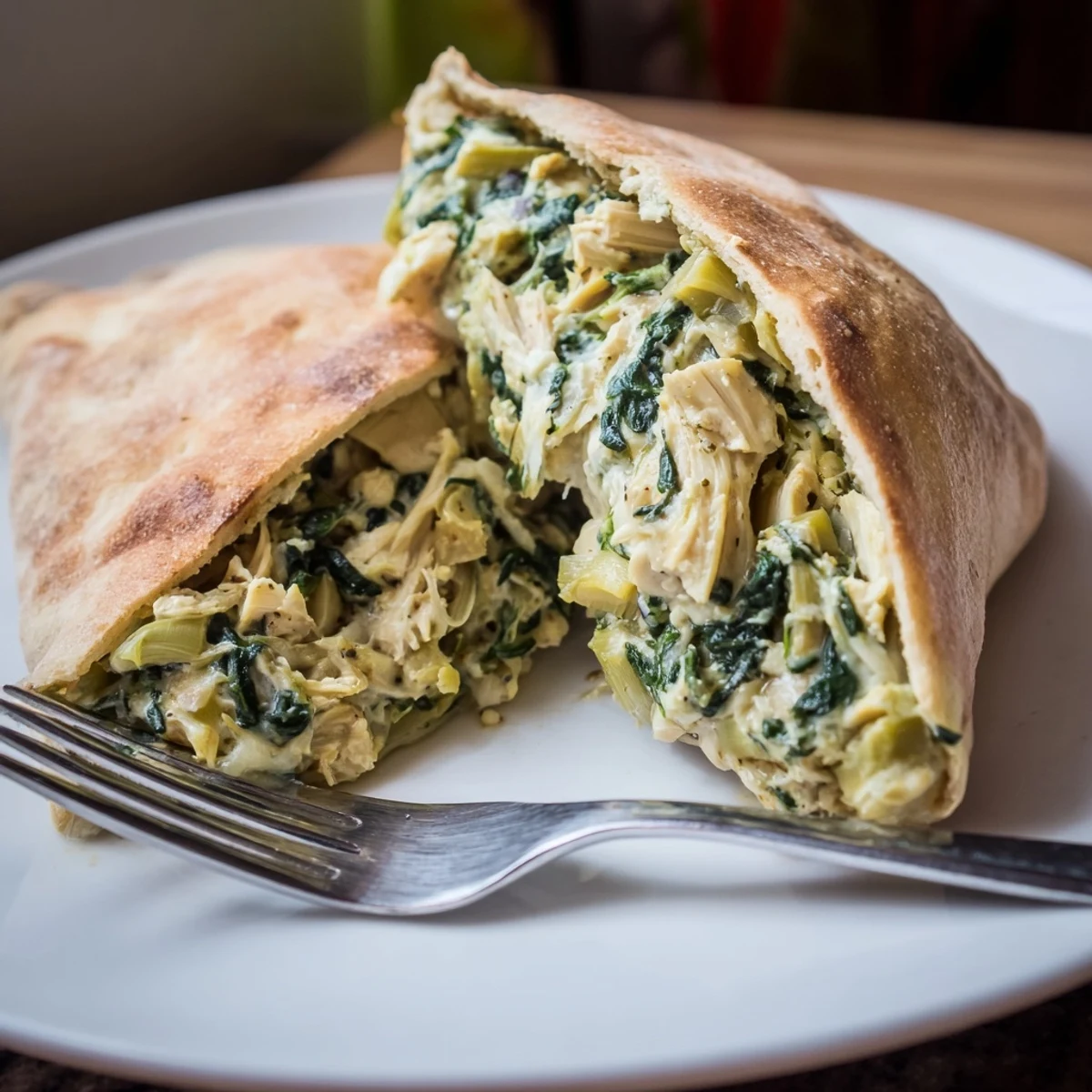 Spinach Artichoke Chicken Stuffed Pita served fresh from the oven with a side of lemon wedges.  