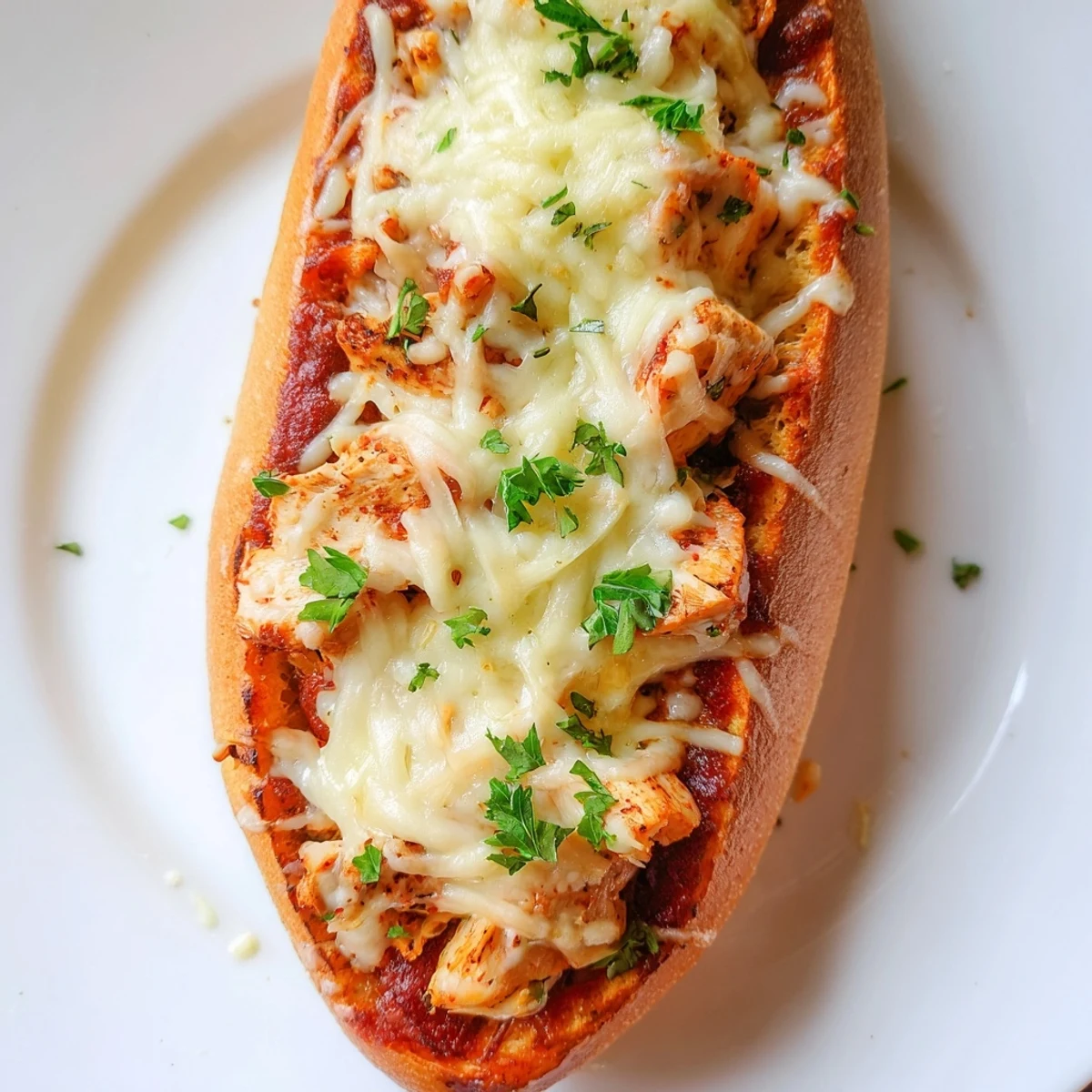 A close-up view reveals bubbling cheese and garlic butter on freshly baked Chicken Parm Stuffed Garlic Bread, ready to serve.  