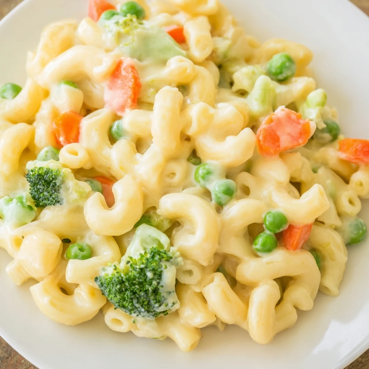 A comforting bowl of Garden Veg Mac and Cheese, featuring bright peas and carrots beside melted cheddar.