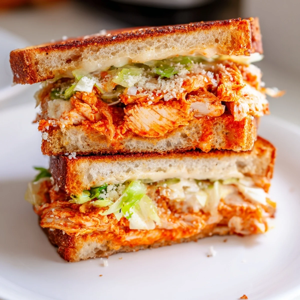 Golden-brown Buffalo Chicken Caesar Grilled Cheese sandwiches stacked on a wooden board, with melted cheese oozing from the sides.