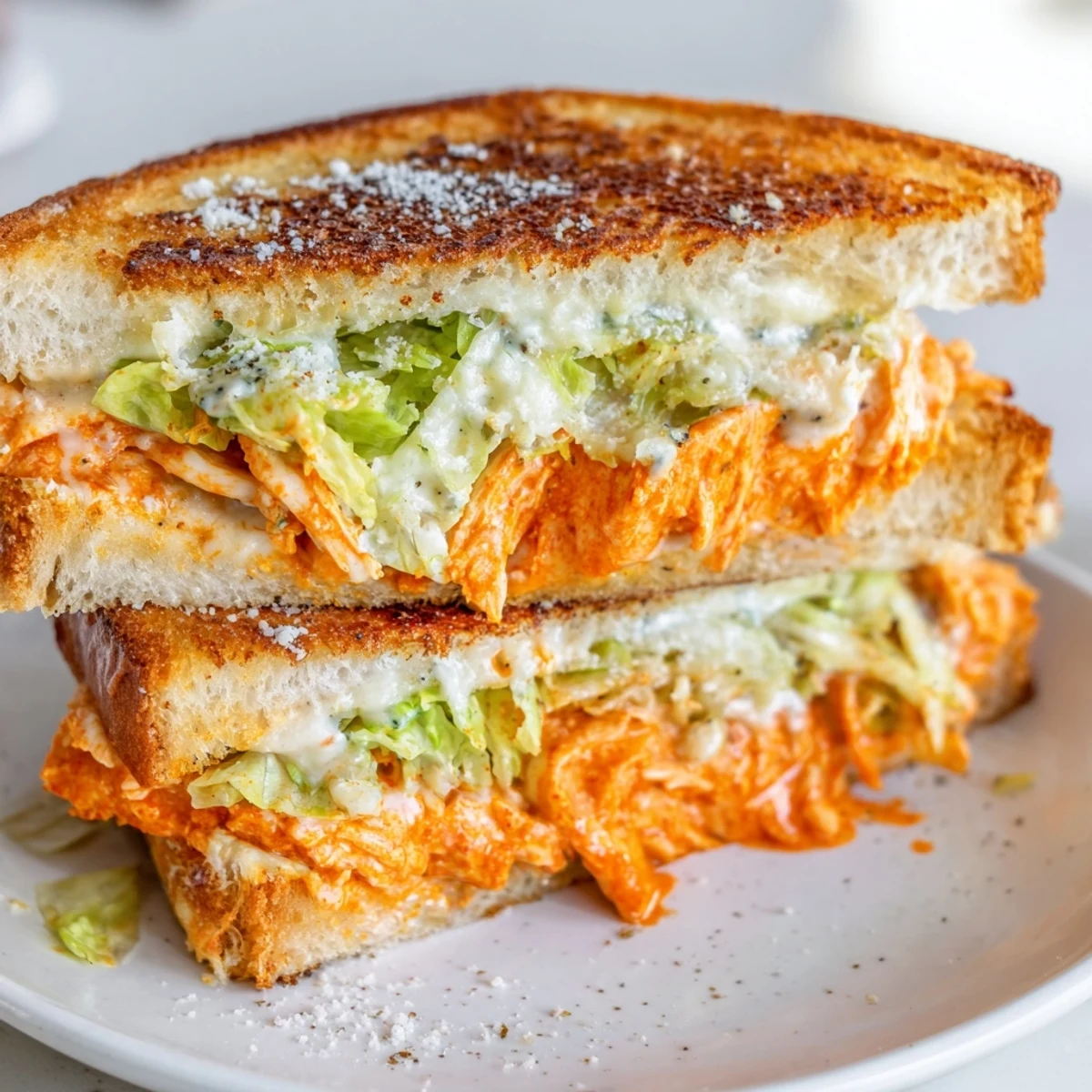 Sliced Buffalo Chicken Caesar Grilled Cheese arranged on a rustic plate, drizzled with extra buffalo sauce and served with pickles.