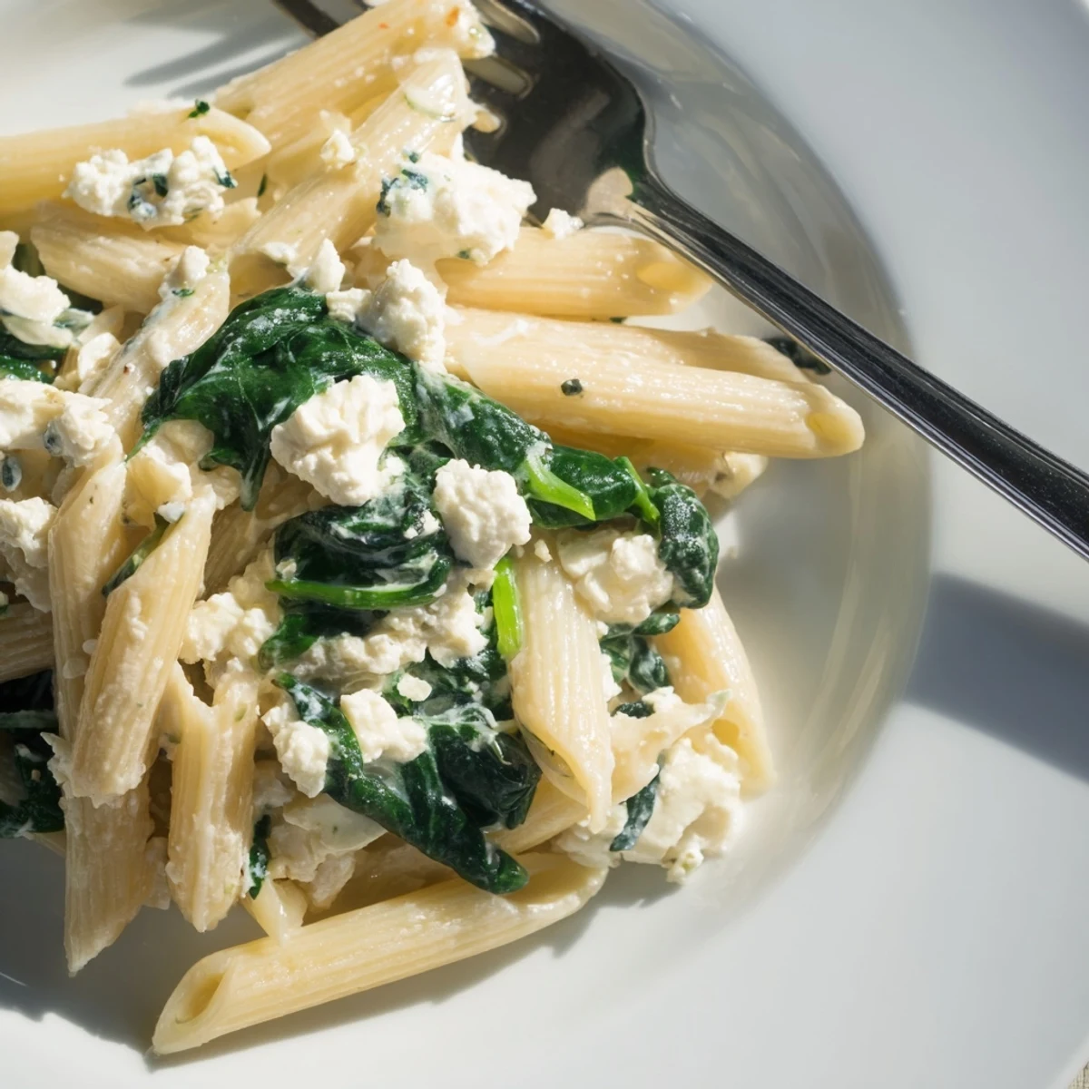 A close-up of Creamy Feta Spinach Pasta highlights silky cheese sauce clinging to pasta, spinach, and a hint of chili flakes.