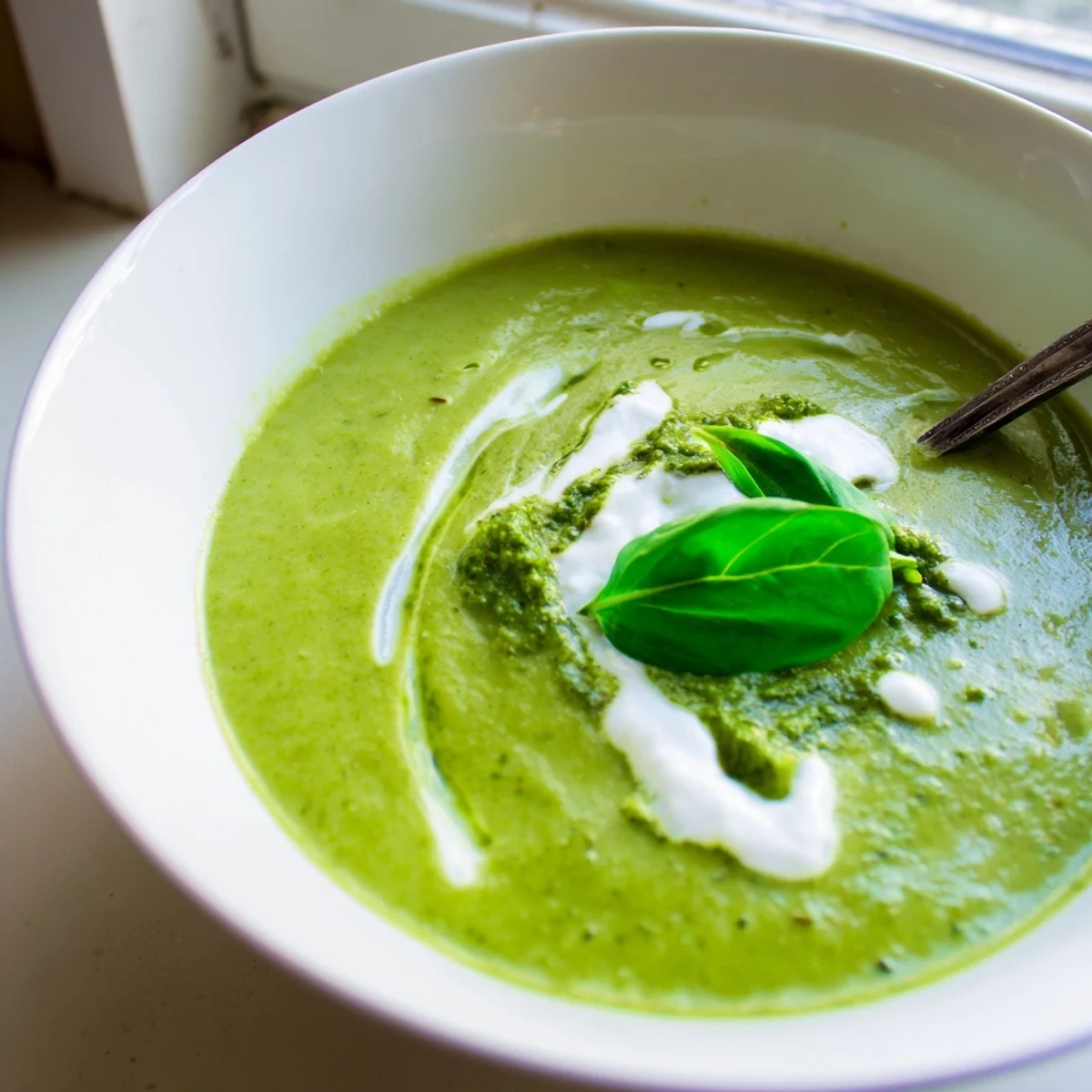 A vibrant bowl of Courgette, Pea and Pesto Soup garnished with a dollop of crème fraîche and fresh basil leaves.