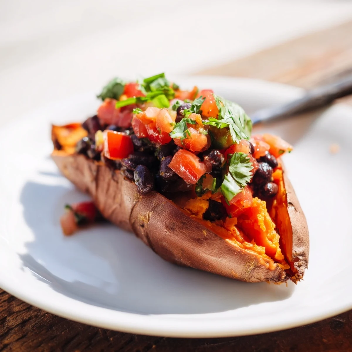 Roasted sweet potatoes topped with smoky chipotle black beans and zesty tomato salsa, served hot.