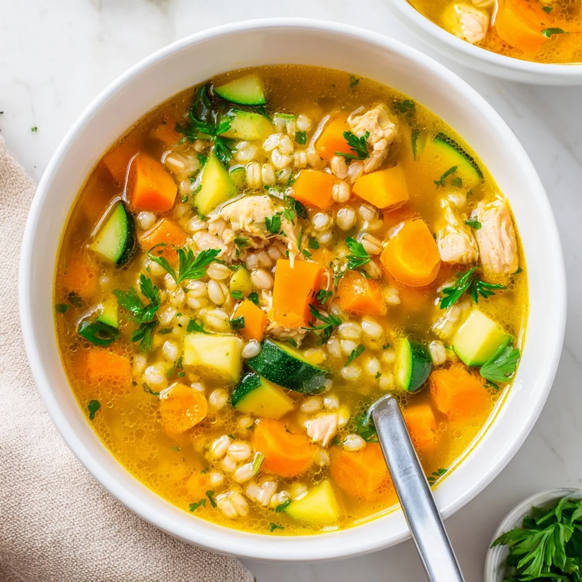 Steaming bowl of Soothing Turmeric Chicken With Pearl Barley, garnished with fresh parsley and lemon wedge.
