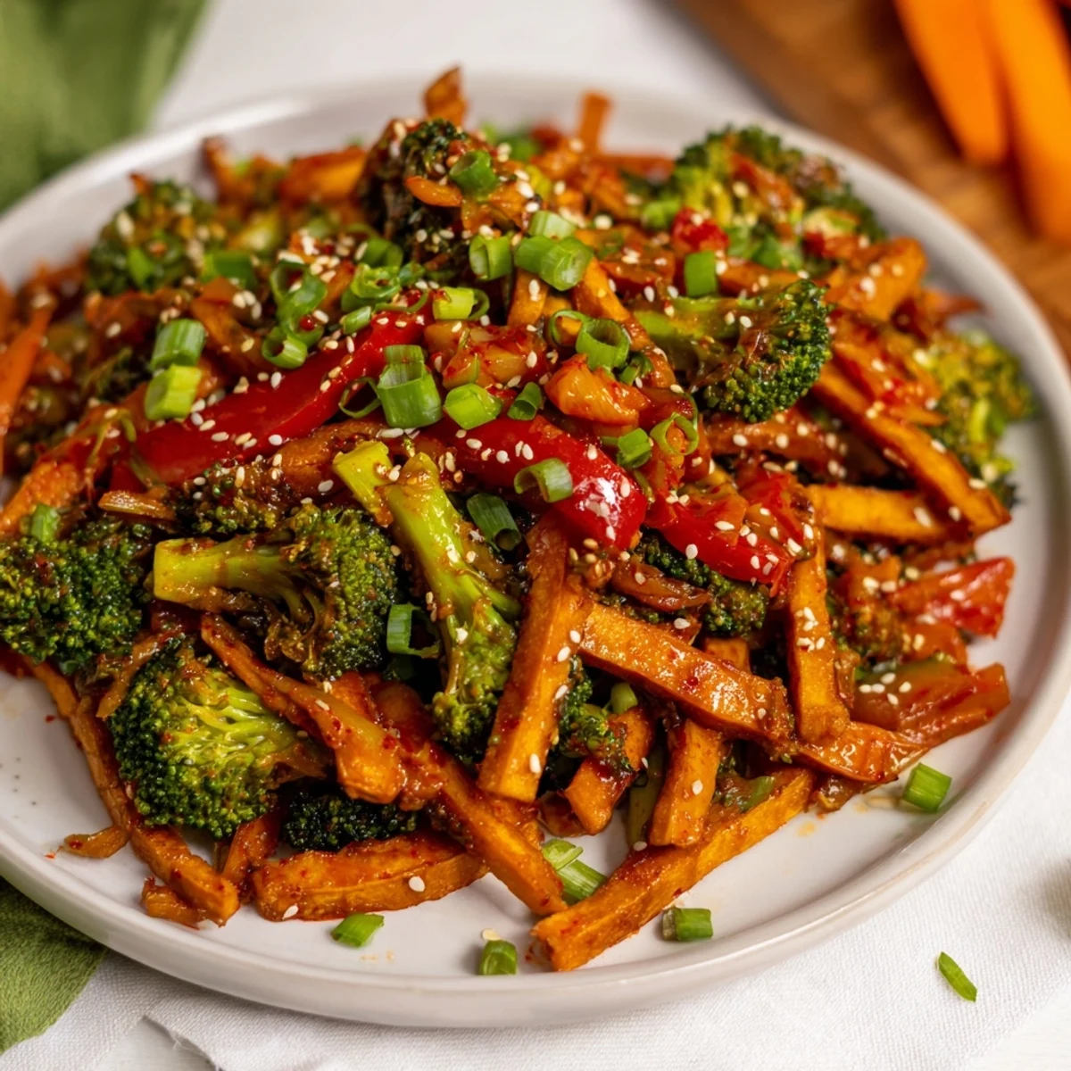 A close-up of the finished Comforting Fermented Veggie Winter Stir-Fry in a skillet, featuring vibrant cabbage and bell peppers tossed with a savory soy-ginger glaze.