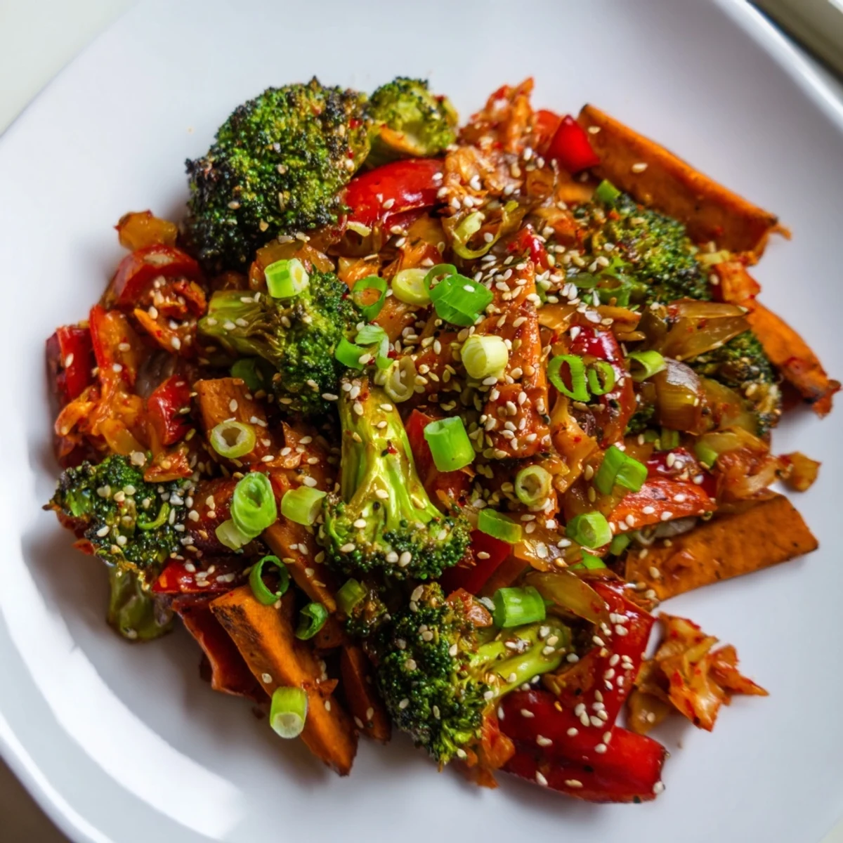 Steaming Comforting Fermented Veggie Winter Stir-Fry served in a ceramic bowl, showcasing colorful winter vegetables and crunchy kimchi, ready for a wholesome vegan dinner.