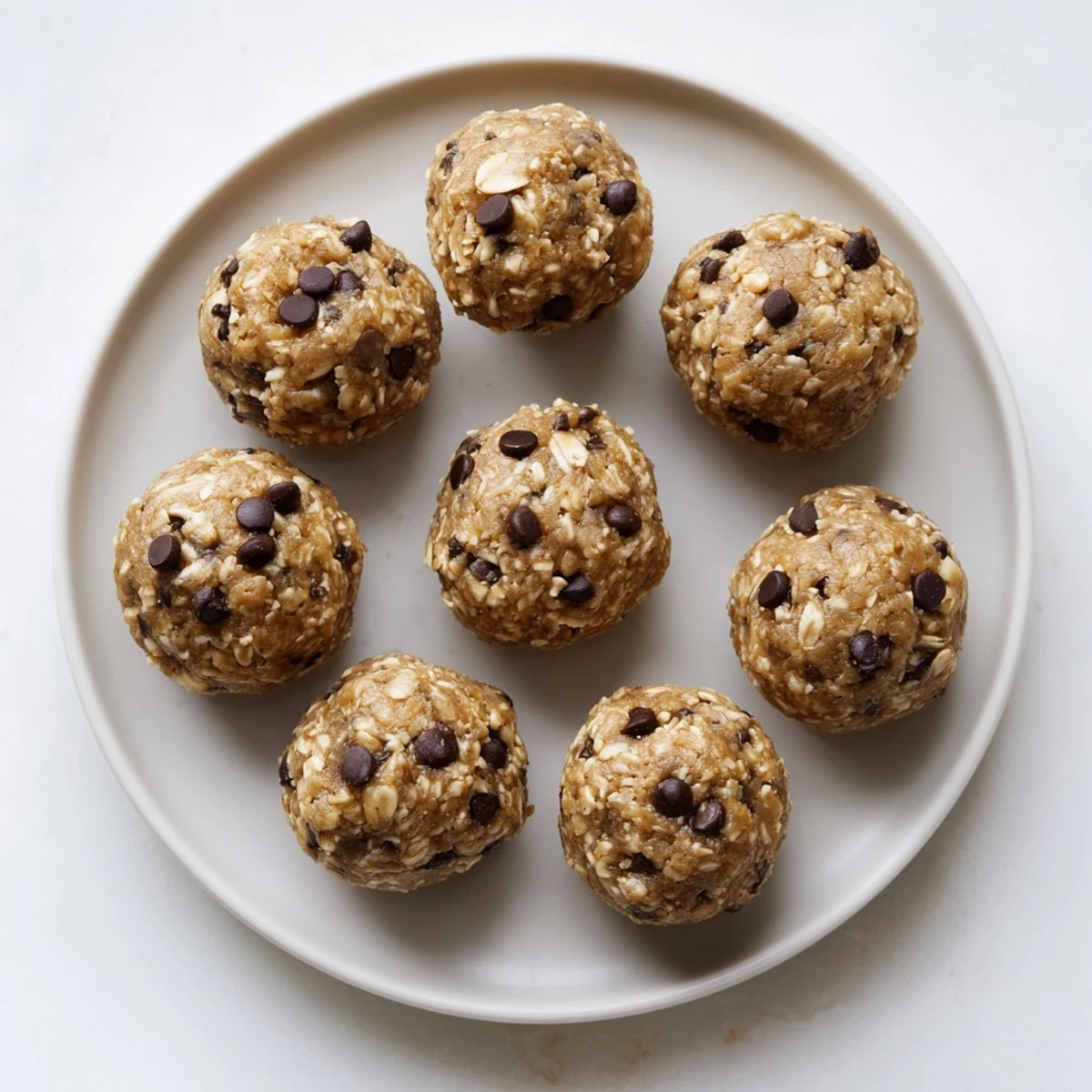 Hand-rolled Banana Chocolate Chip Energy Balls on a parchment-lined tray, showing their soft, chewy texture.