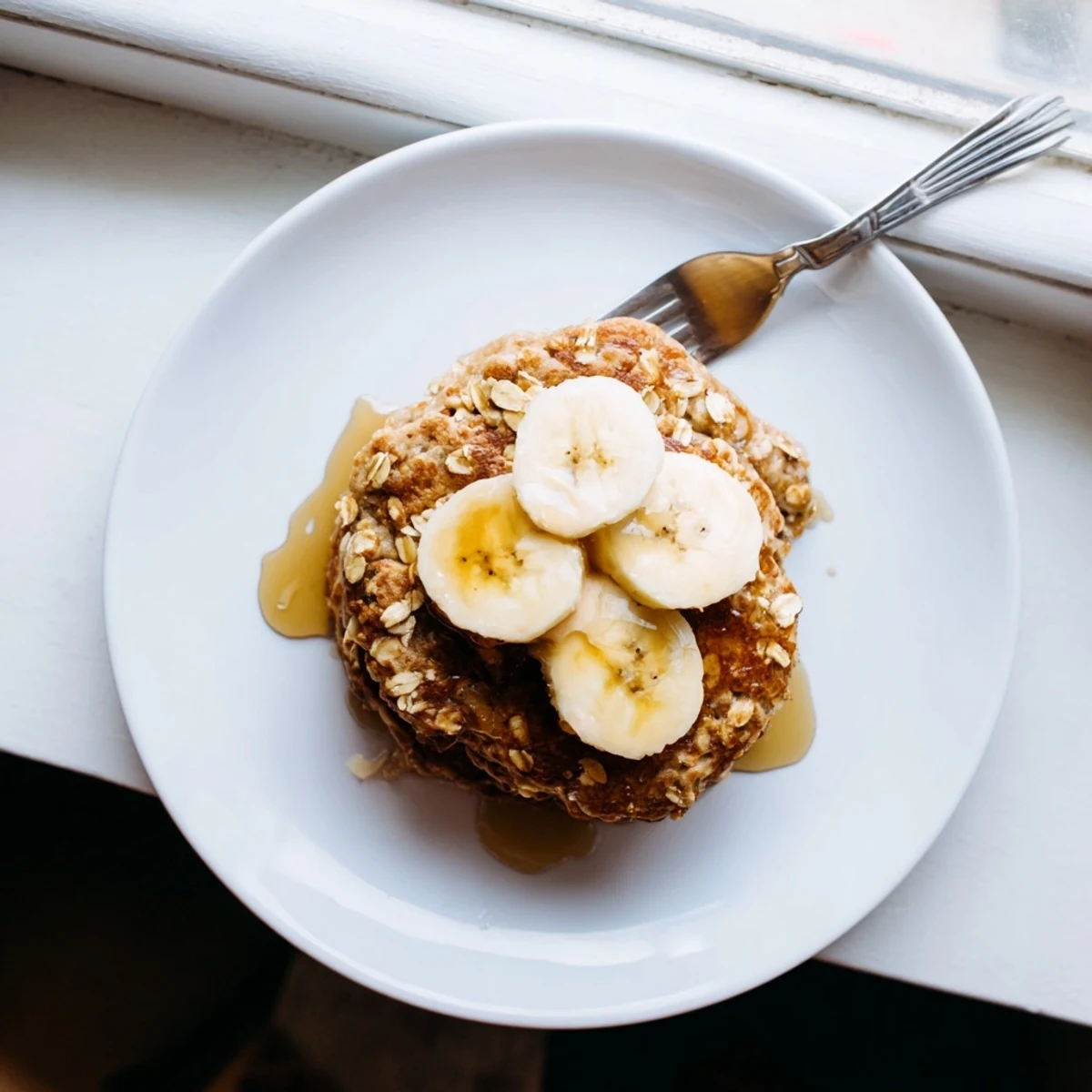 Golden Banana Oat Pancakes served with fresh berries and a dollop of yogurt for a wholesome breakfast.