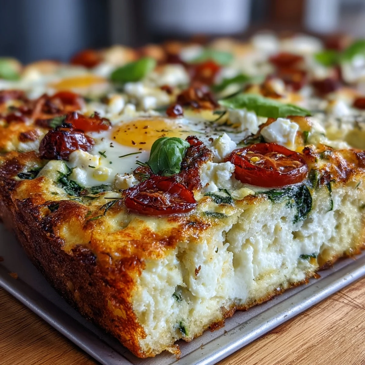 Fluffy, golden-high-Protein Sheet Pan Eggs With Cottage Cheese and Veggies studded with colorful peppers and spinach.  