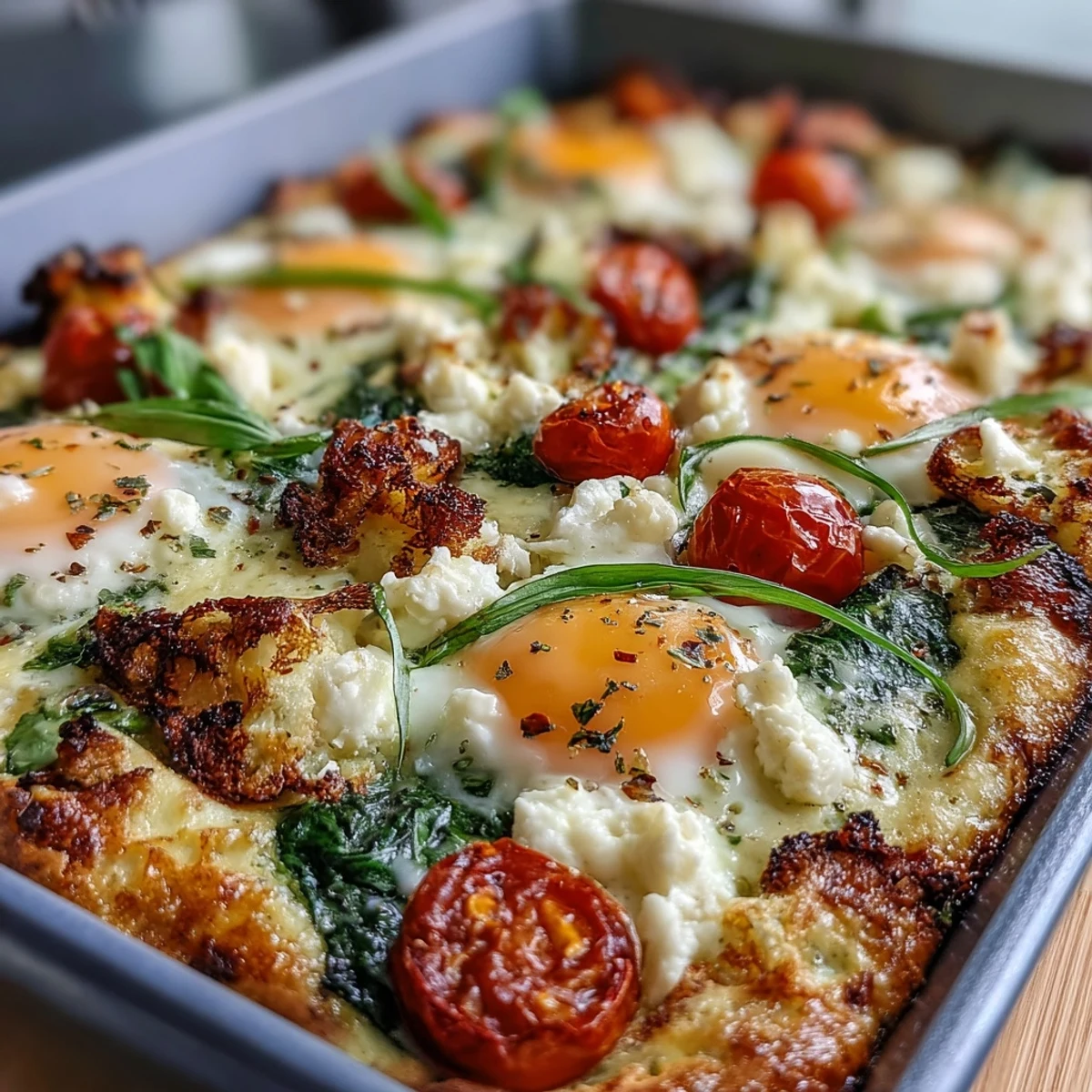 Sliced into easy squares for meal prep, this high-protein breakfast features oven-baked eggs, cottage cheese, and fresh veggies.  