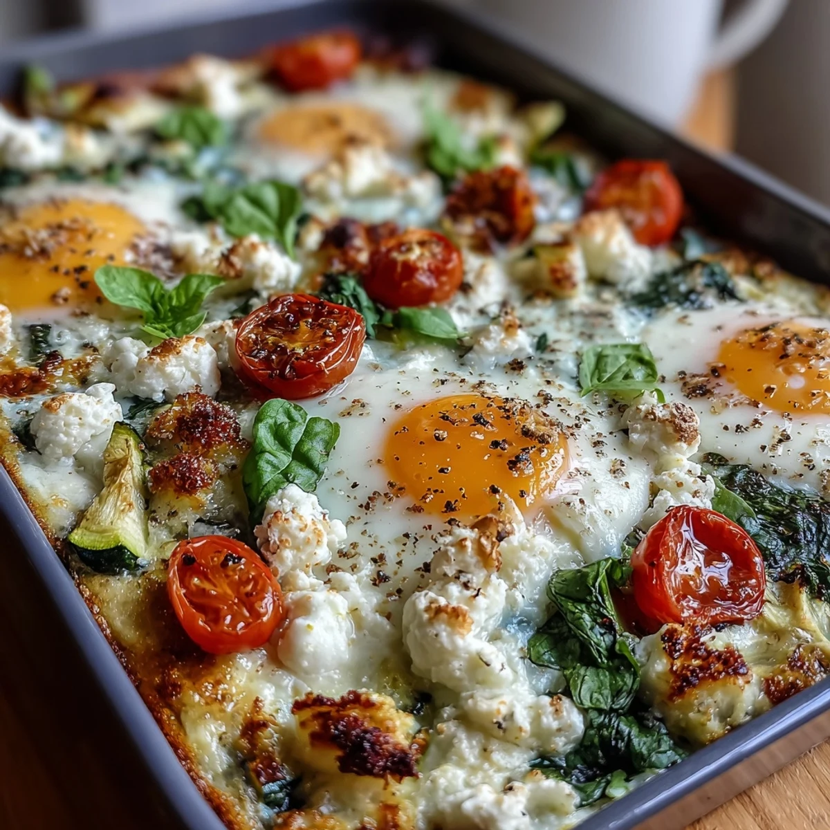A vibrant serving of High-Protein Sheet Pan Eggs With Cottage Cheese and Veggies on a rustic plate, garnished with herbs.