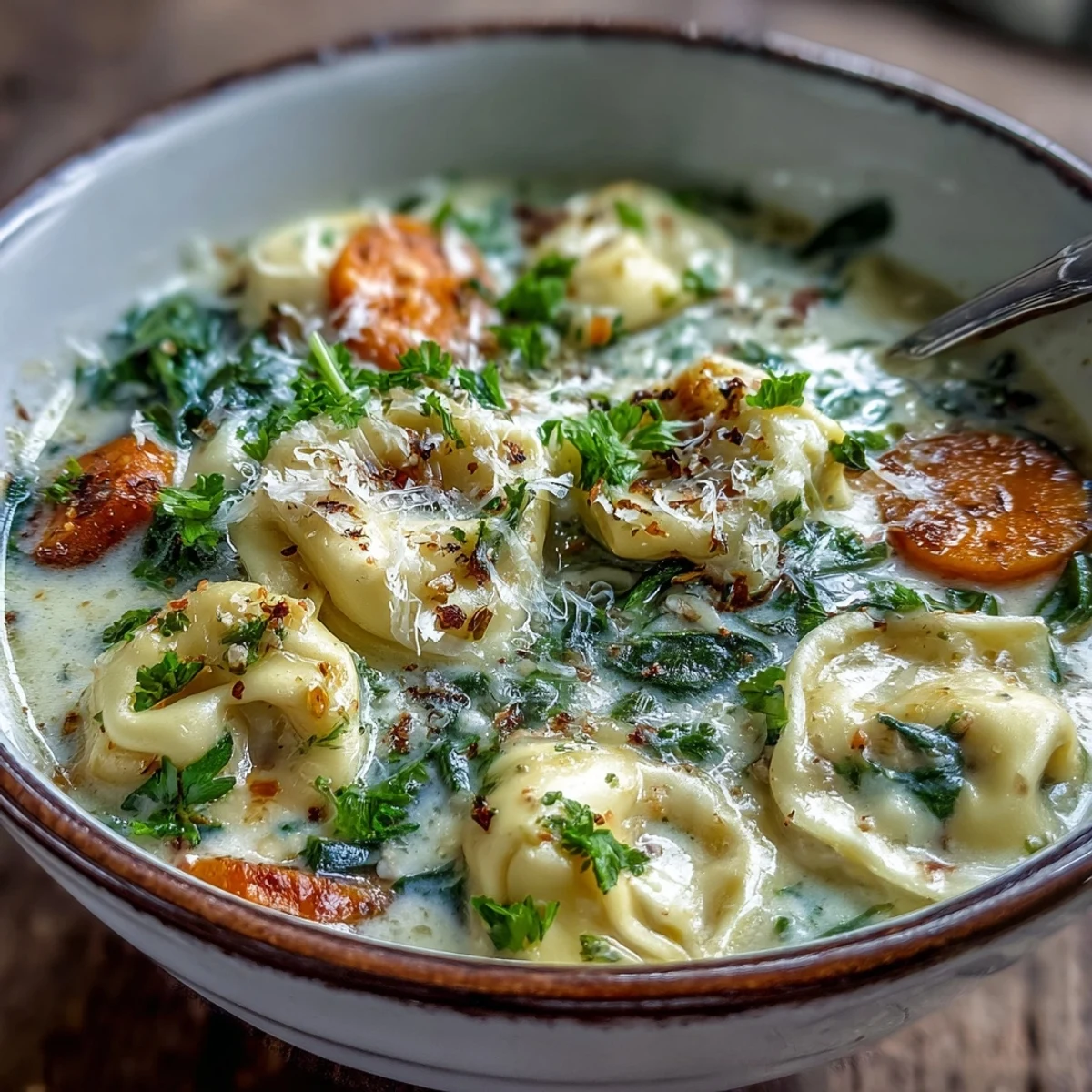 Close-up of Easy Tortellini Soup With Chicken Broth showing tender cheese tortellini and wilted spinach in creamy broth.