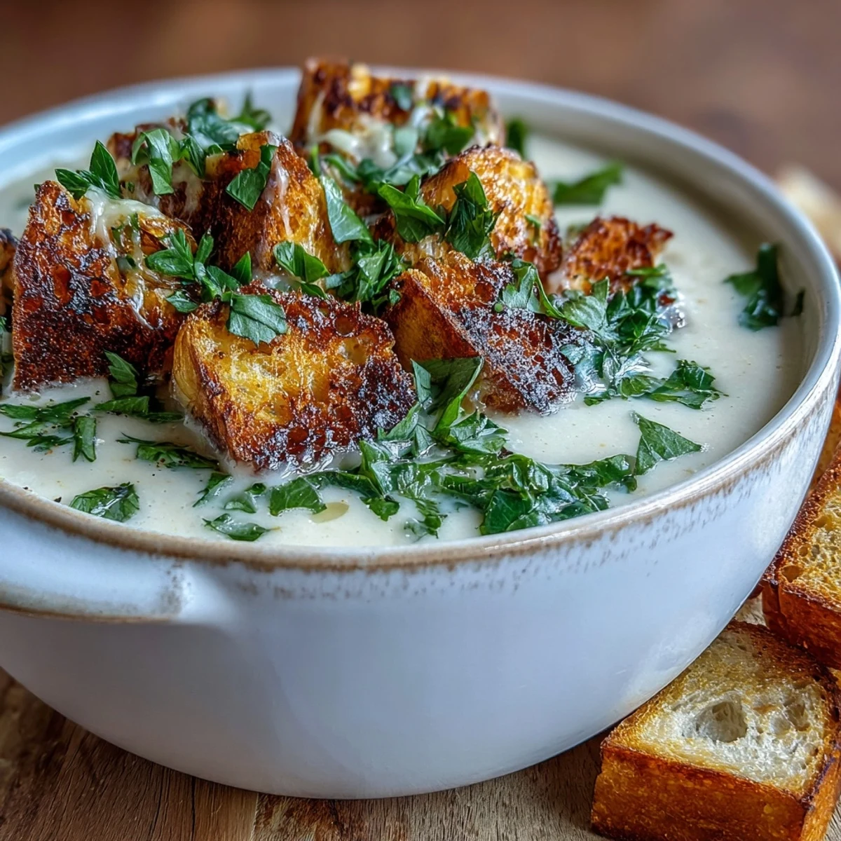 Two slices of crusty bread are dipped into a warm cup of Roasted Garlic Soup, served on a rustic wooden table.