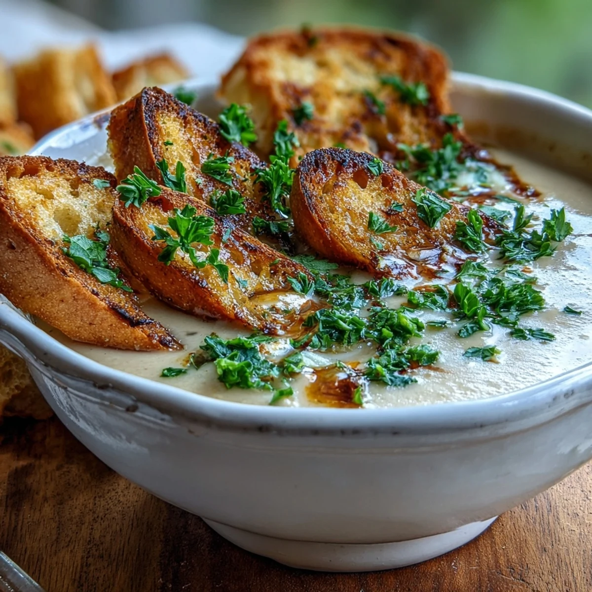 A bowl of velvety Roasted Garlic Soup garnished with parsley and croutons, steam rising from the golden, creamy texture.