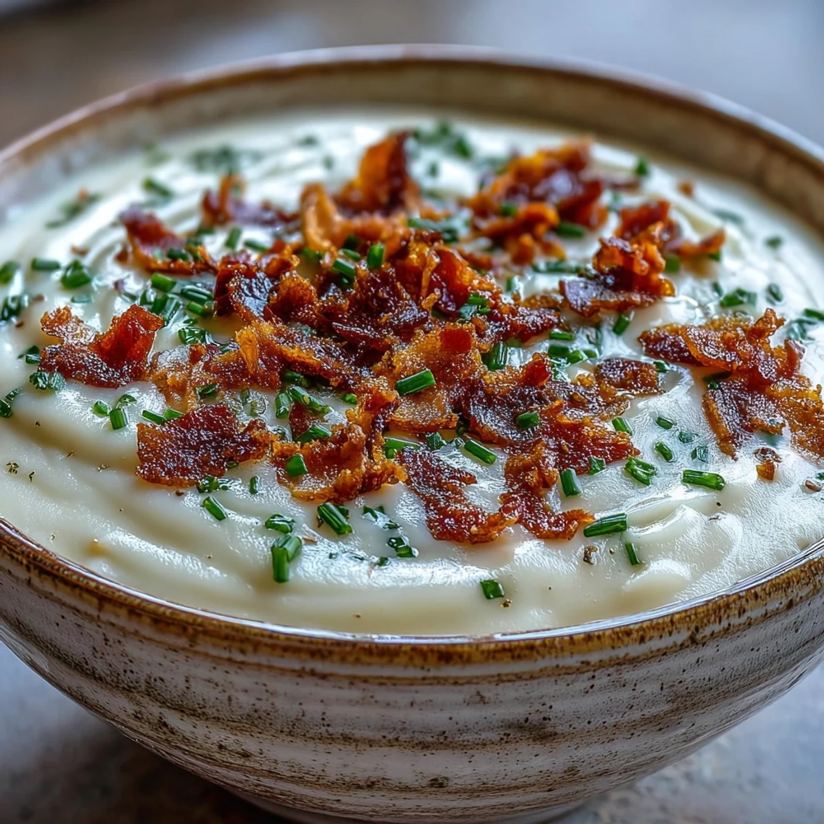 Velvety Creamy Celeriac Soup topped with crunchy bacon and parsley, served beside rustic bread.