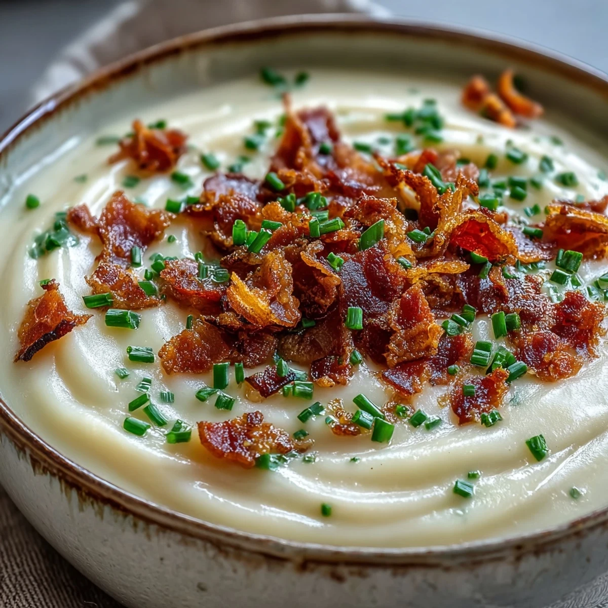 Immersion blending smooth Creamy Celeriac Soup with cream, finished with crispy bacon for savory crunch.
