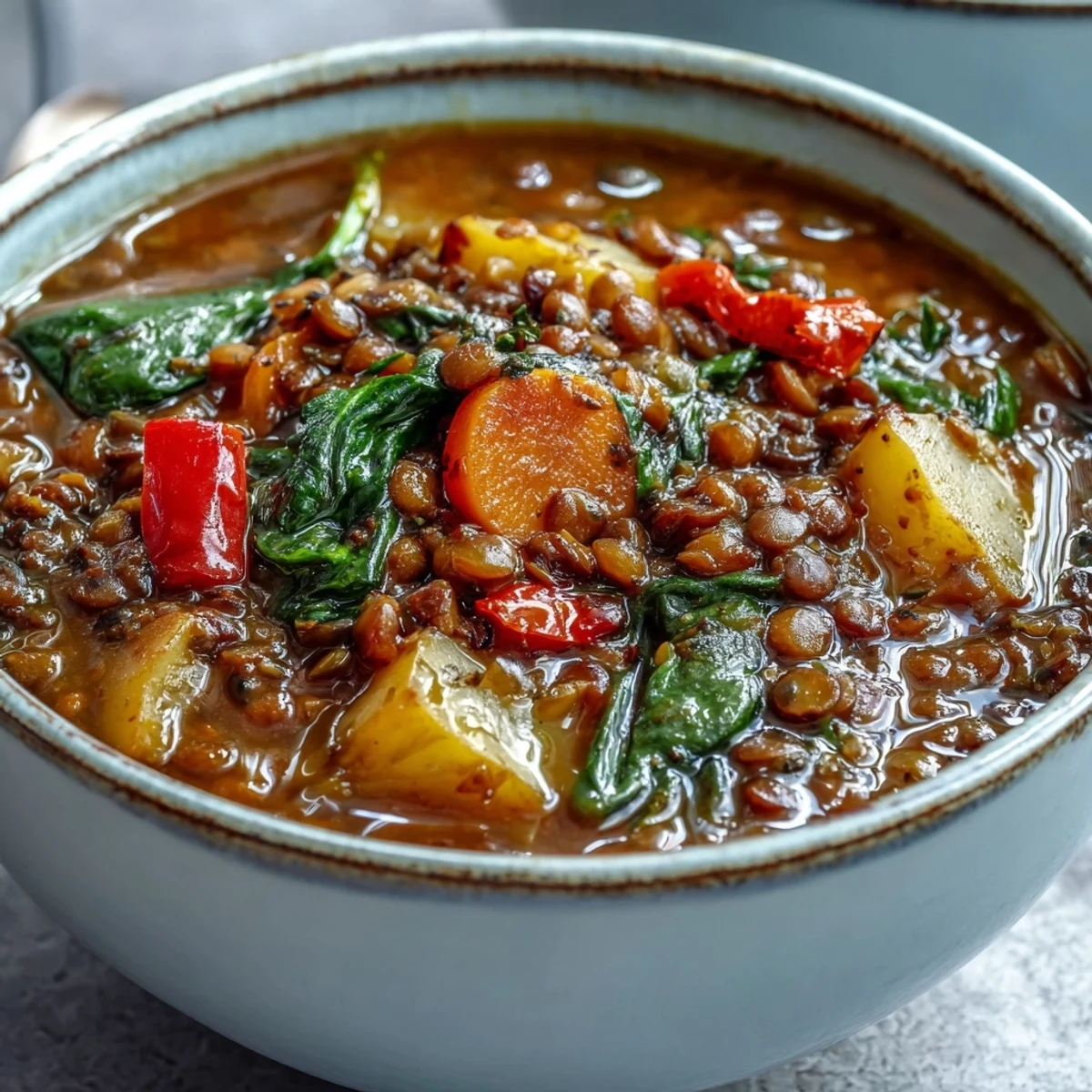 Rustic Vegetarian Lentil Stew simmering in a pot with colorful carrots, potatoes, and spinach.