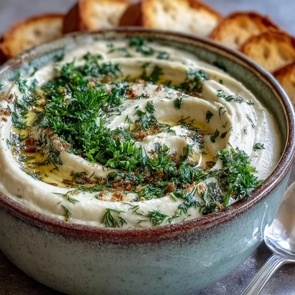 Creamy roasted parsnip and herb soup topped with fresh chives and parsley in a rustic white bowl.