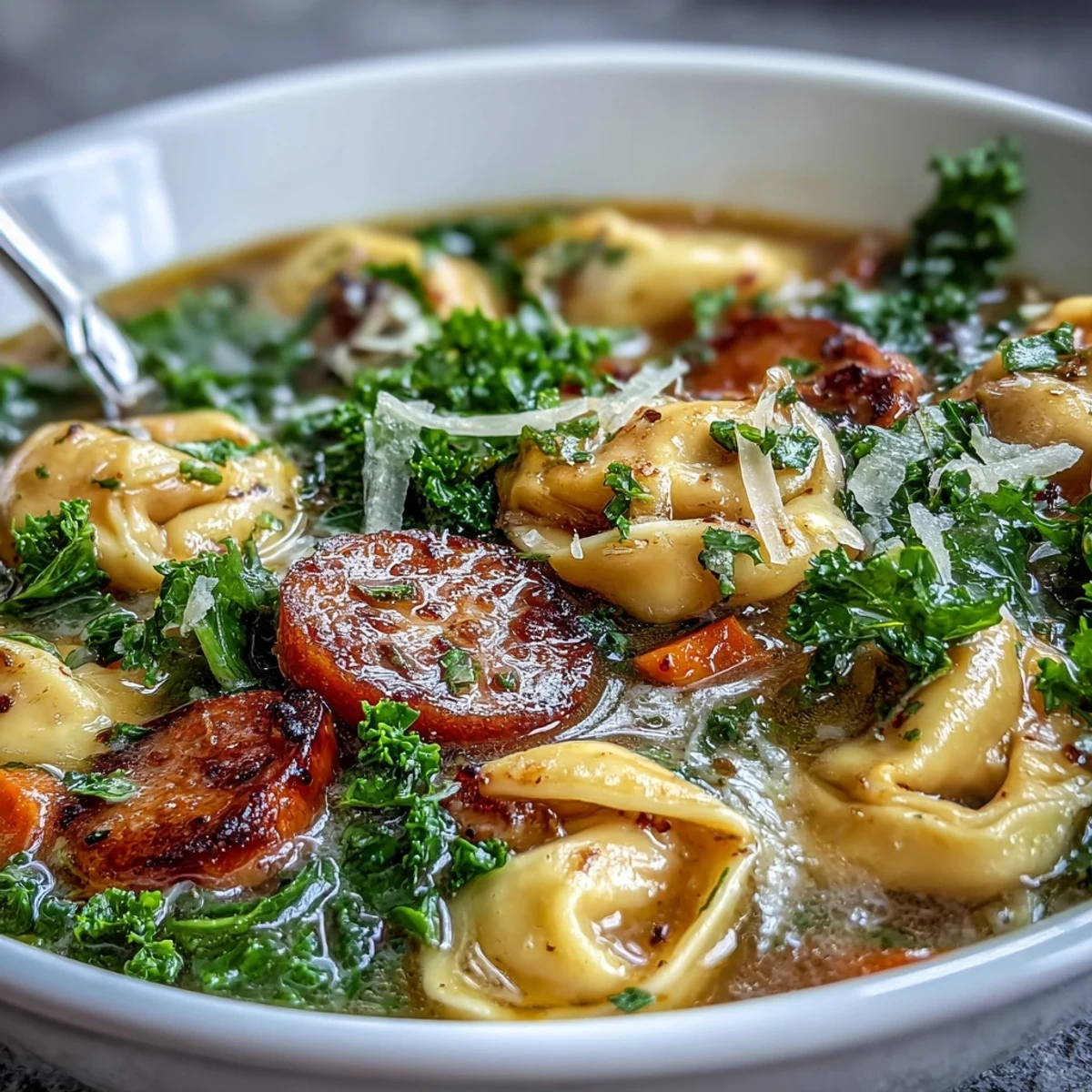 Creamy Pumpkin Tortellini Soup with chicken sausage and kale served steaming in a rustic bowl.