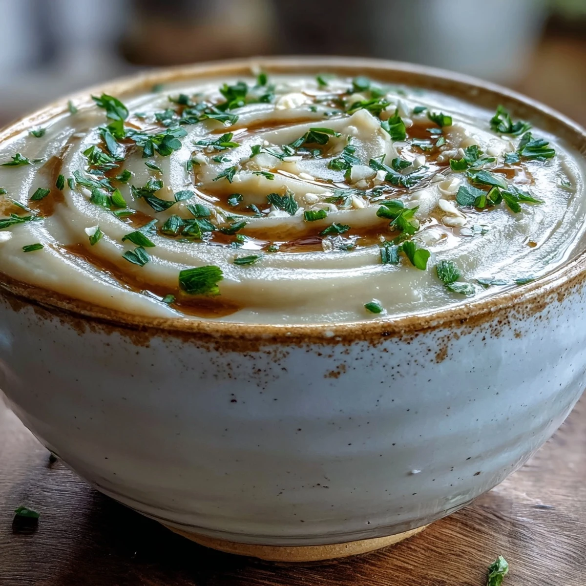 Steaming bowls of Creamy Celery Root Bisque, garnished with fresh chives and a swirl of cream.