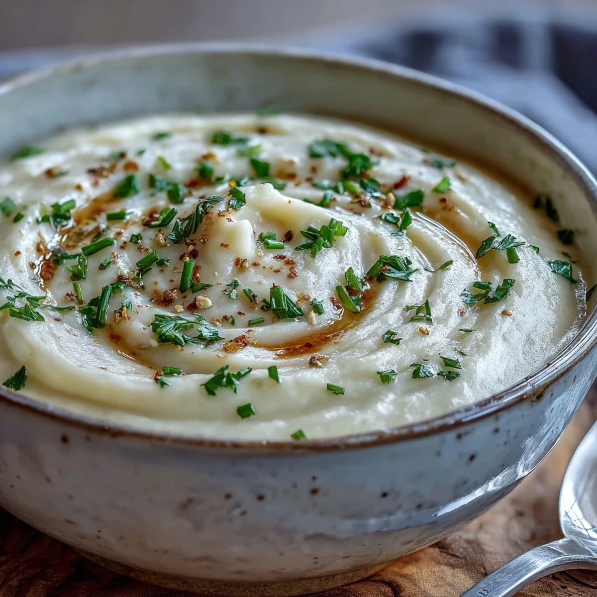 A close-up view of silky Creamy Celery Root Bisque, perfect for elegant French dinner parties.