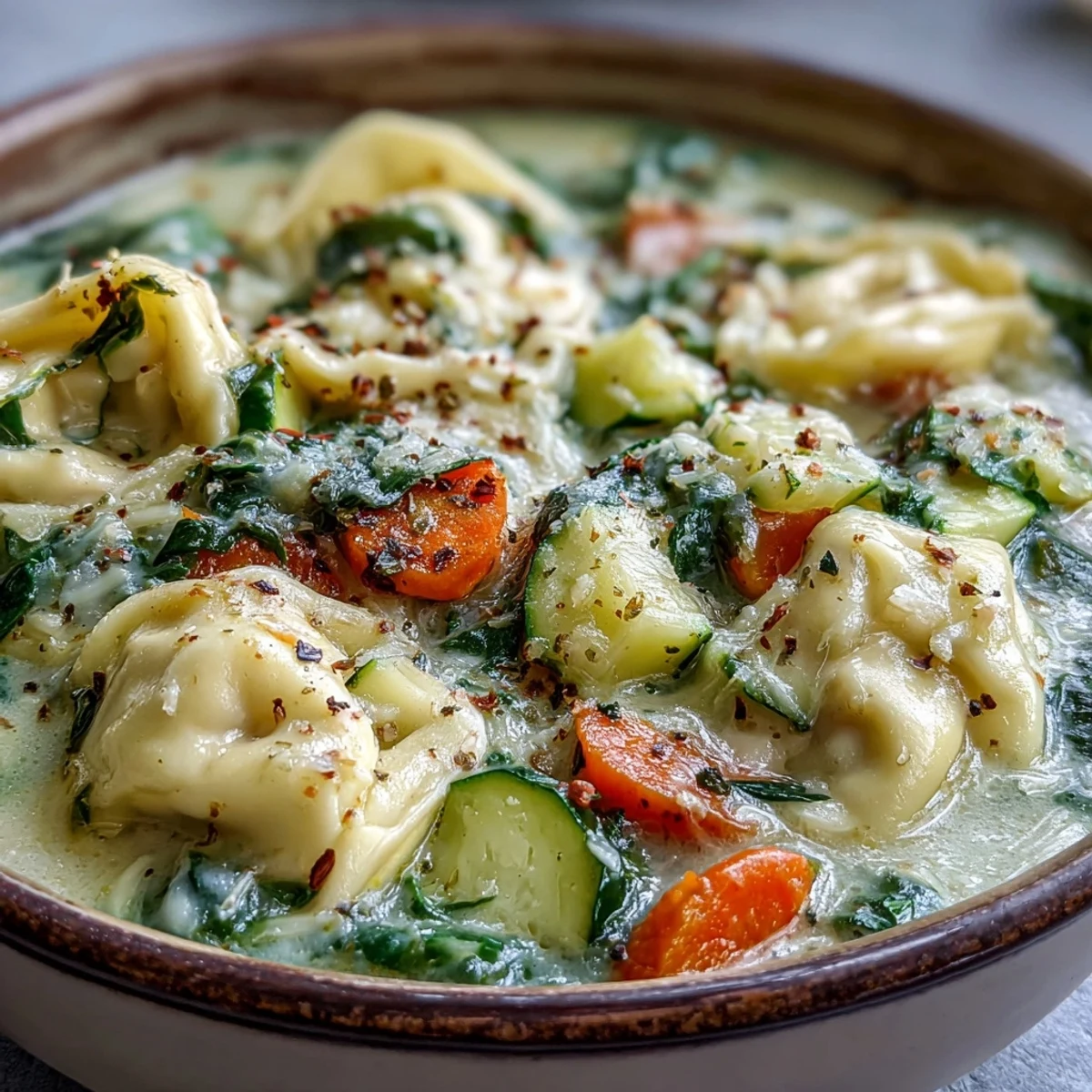 Close-up of Creamy Vegetable Tortellini Soup with colorful zucchini and carrots simmering in a creamy broth, topped with fresh basil.