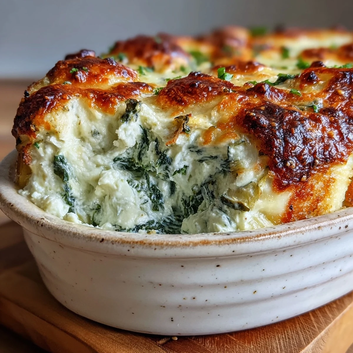 Golden, bubbly spinach artichoke dip in a white baking dish, served warm with crunchy tortilla chips.
