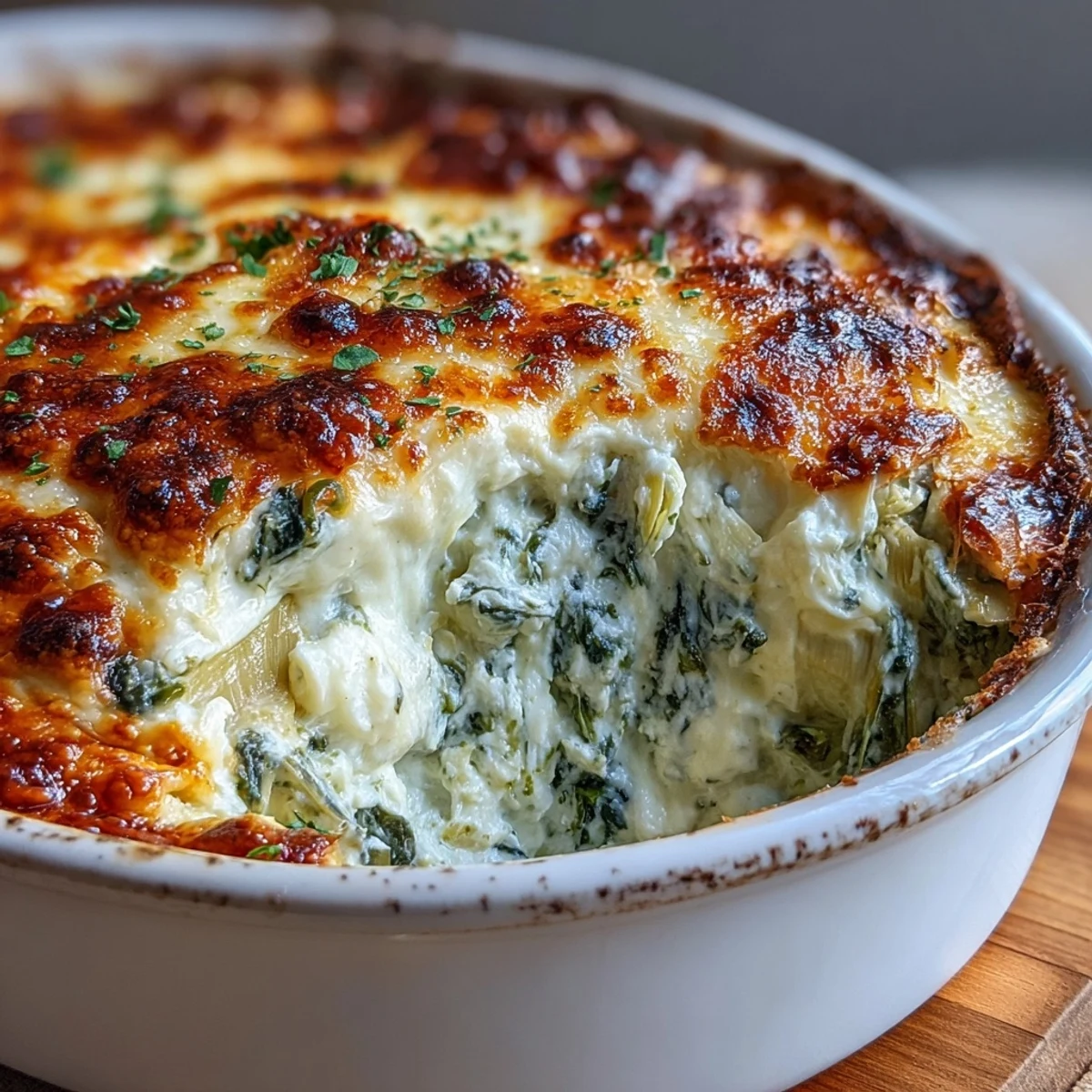 A close-up of golden, bubbling spinach artichoke dip with crunchy pita chips for dipping.
