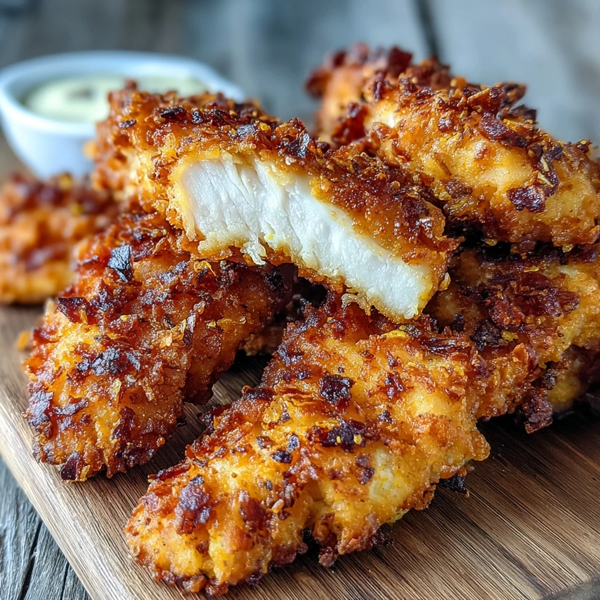 Golden Crispy Turmeric Chicken Tenders are arranged on a rustic plate, perfect for a flavorful family dinner.