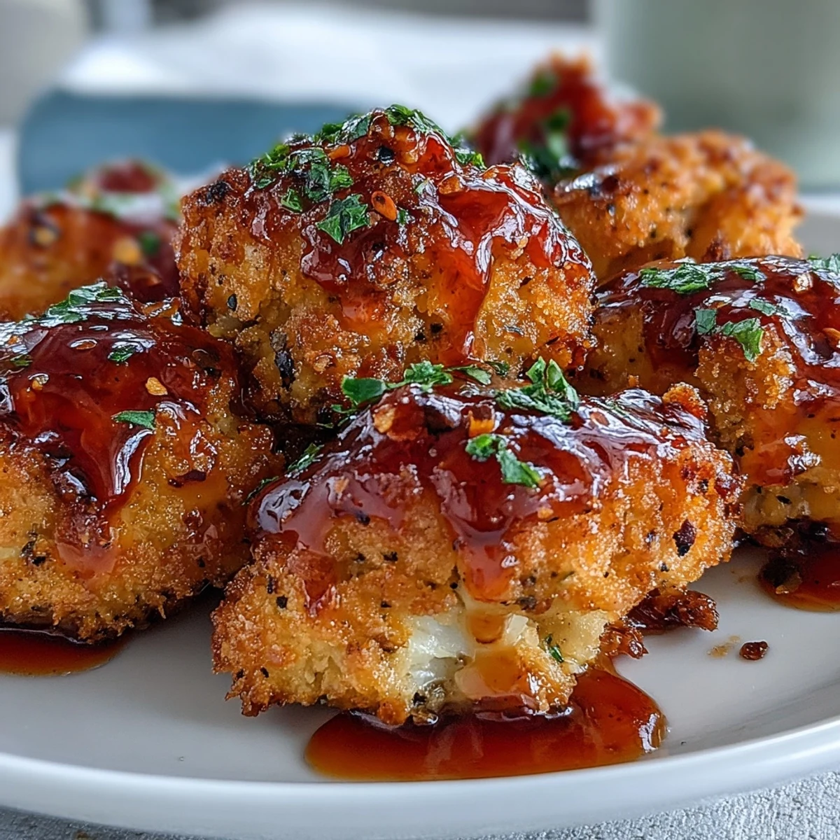 Golden-brown Crunchy Baked Hot Honey Cauliflower bites glisten with a glossy, sweet-spicy glaze on a dark serving platter.  