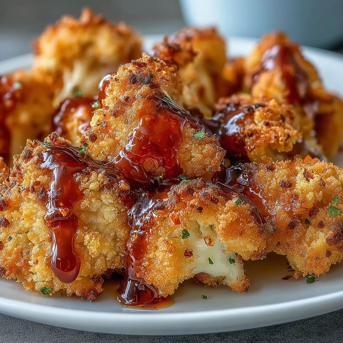 A serving of Crunchy Baked Hot Honey Cauliflower rests beside a small bowl of ranch dip, garnished with red pepper flakes.