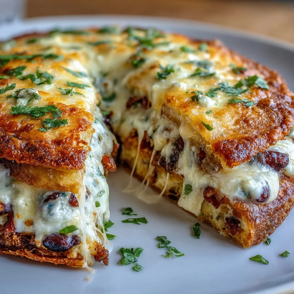 Golden, cheesy Blooming Quesadilla Ring baked on a platter with bowls of salsa and sour cream for dipping.