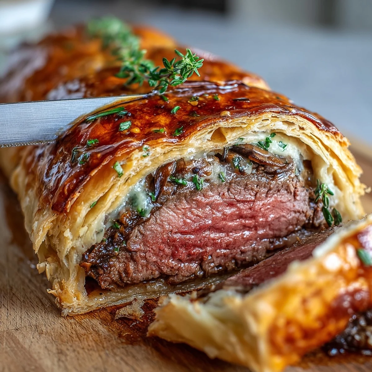 Freshly baked Beef Wellington with a golden, flaky crust and tender beef fillet, ready to slice for a special dinner party.