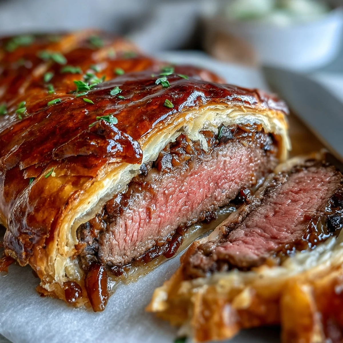 Close-up of golden puff pastry Beef Wellington brushed with egg wash, resting before serving, perfect for a romantic date night dinner.